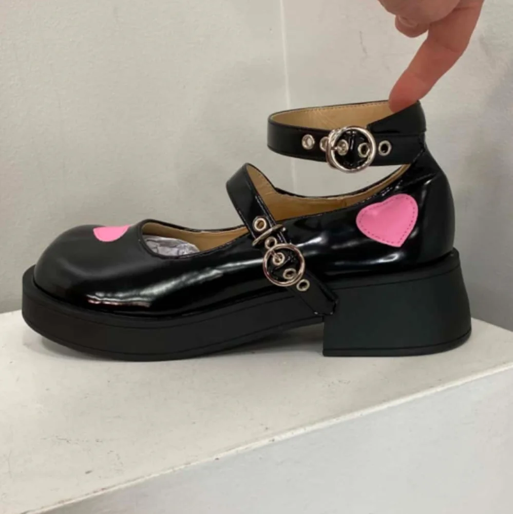 Black Mary Jane Shoes with Pink Hearts